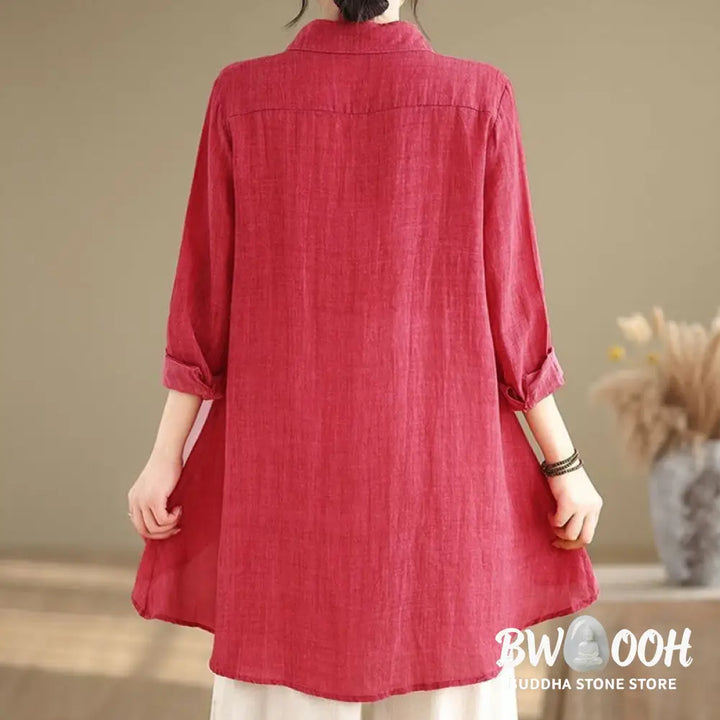 Buddha Stones Irregular Design Buttons Long Sleeve Women’s Cotton Shirt - Women’s Shirts