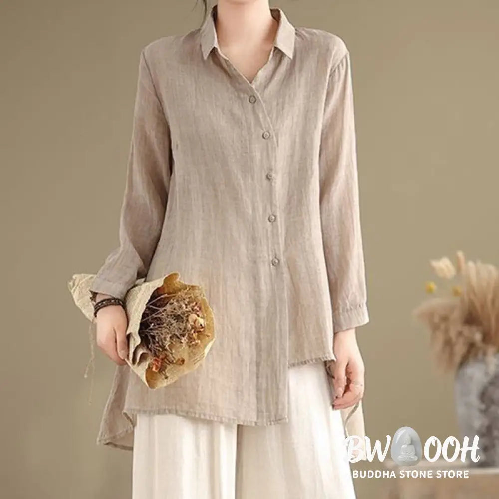 Buddha Stones Irregular Design Buttons Long Sleeve Women’s Cotton Shirt - Women’s Shirts