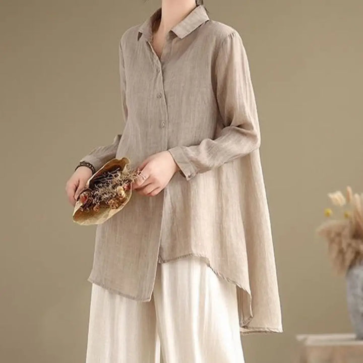 Buddha Stones Irregular Design Buttons Long Sleeve Women’s Cotton Shirt - Wheat / US4，UK/AU8，EU36 (L) - Women’s Shirts