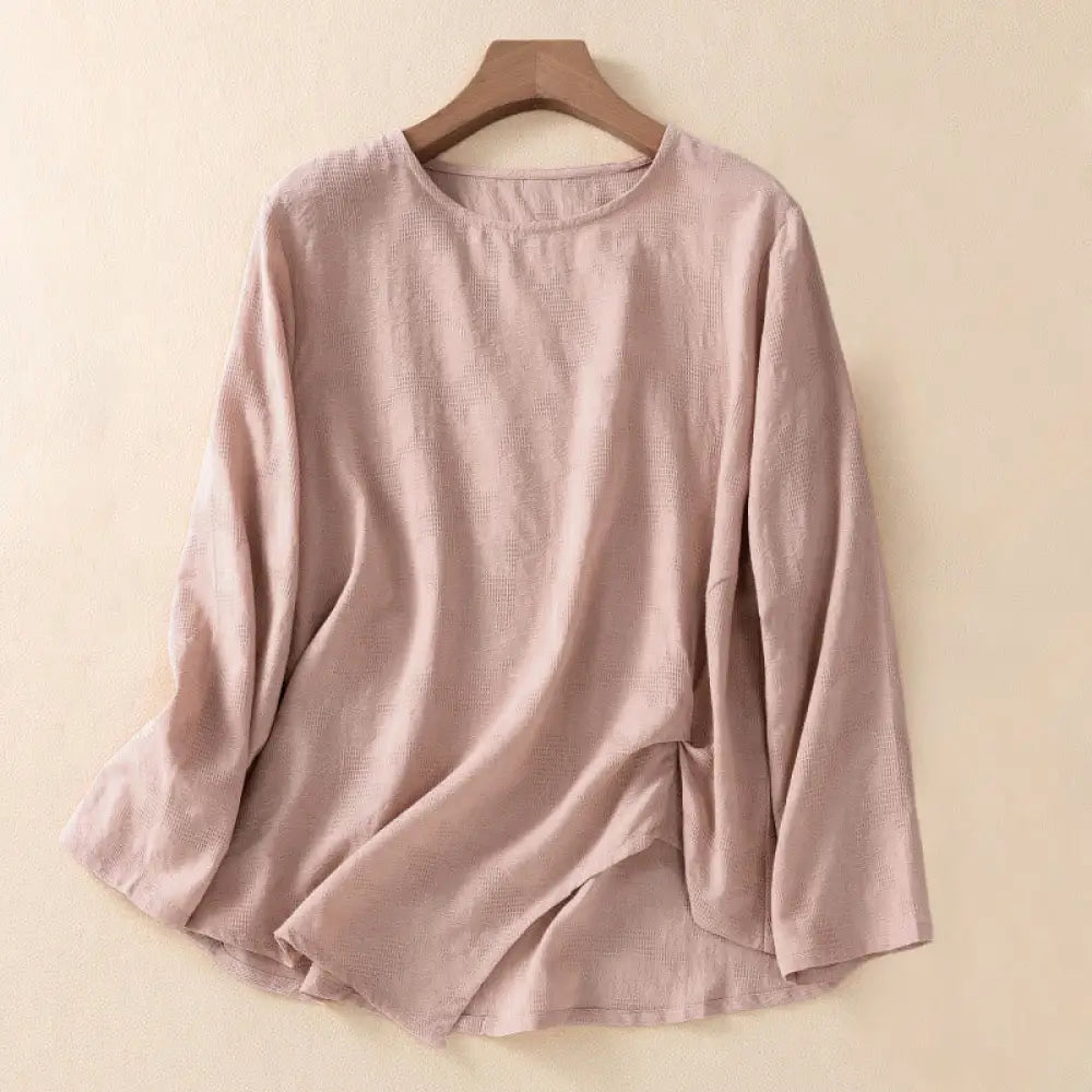 Buddha Stones Jacquard Irregular Hem Pleated Design Women’s Cotton Long Sleeve Shirt - DarkSalmon / US4，UK/AU8，EU36 (L)