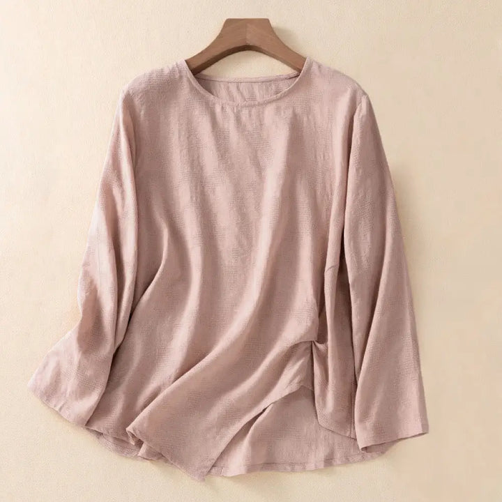 Buddha Stones Jacquard Irregular Hem Pleated Design Women’s Cotton Long Sleeve Shirt - DarkSalmon / US4，UK/AU8，EU36 (L)