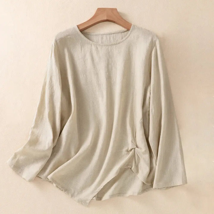 Buddha Stones Jacquard Irregular Hem Pleated Design Women’s Cotton Long Sleeve Shirt - Linen / US4，UK/AU8，EU36 (L)