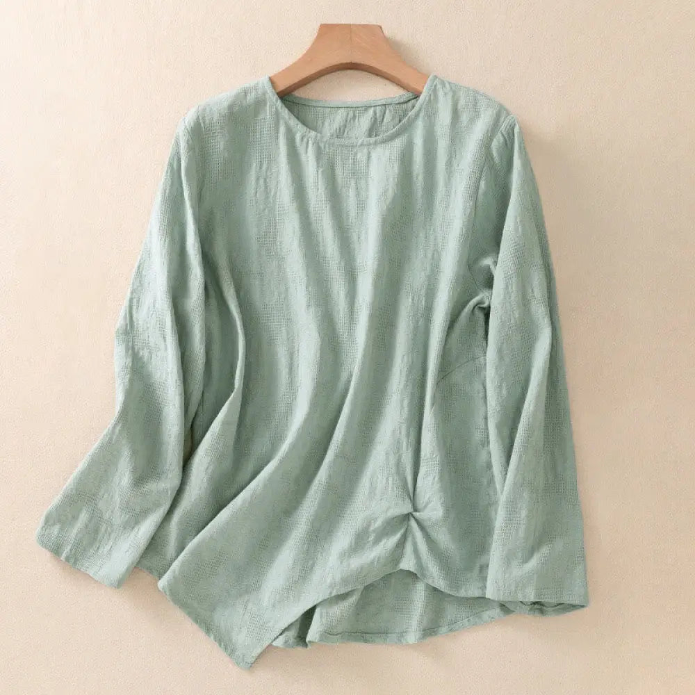 Buddha Stones Jacquard Irregular Hem Pleated Design Women’s Cotton Long Sleeve Shirt - MediumAquamarine