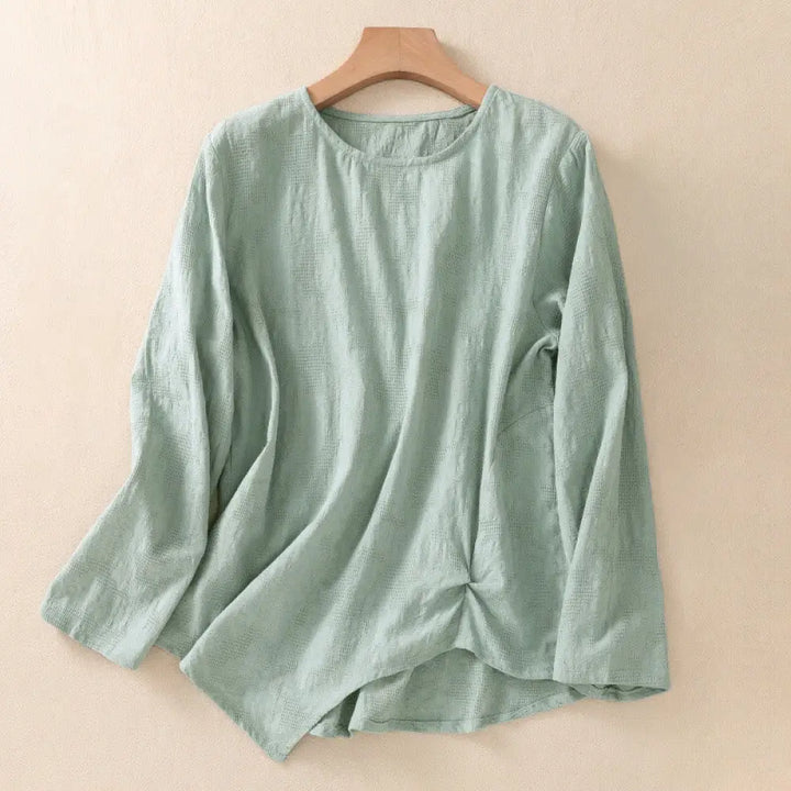 Buddha Stones Jacquard Irregular Hem Pleated Design Women’s Cotton Long Sleeve Shirt - MediumAquamarine