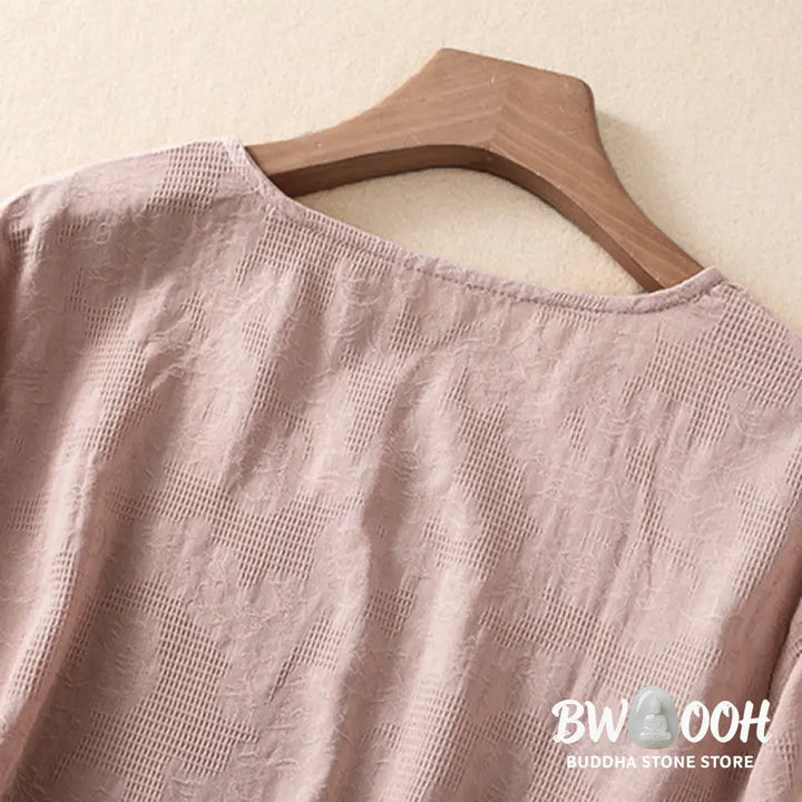 Buddha Stones Jacquard Irregular Hem Pleated Design Women’s Cotton Long Sleeve Shirt - Women’s Shirts