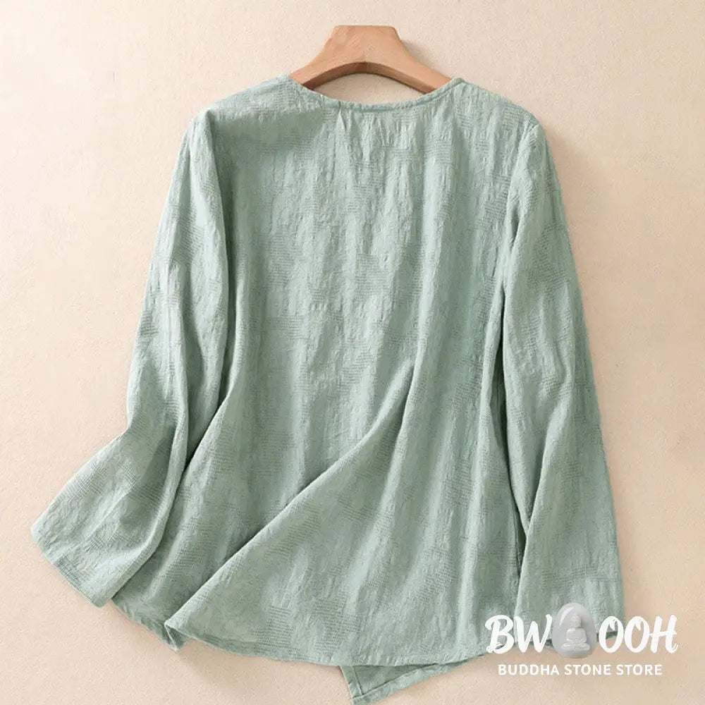 Buddha Stones Jacquard Irregular Hem Pleated Design Women’s Cotton Long Sleeve Shirt - Women’s Shirts
