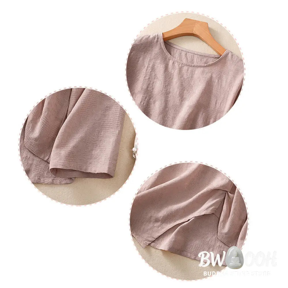 Buddha Stones Jacquard Irregular Hem Pleated Design Women’s Cotton Long Sleeve Shirt - Women’s Shirts