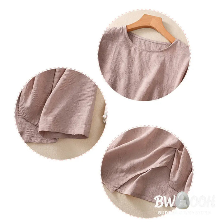 Buddha Stones Jacquard Irregular Hem Pleated Design Women’s Cotton Long Sleeve Shirt - Women’s Shirts