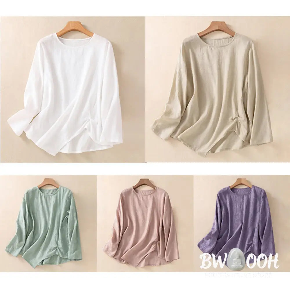 Buddha Stones Jacquard Irregular Hem Pleated Design Women’s Cotton Long Sleeve Shirt - Women’s Shirts