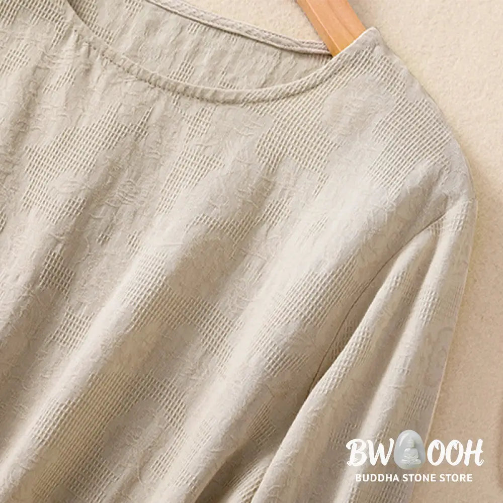 Buddha Stones Jacquard Irregular Hem Pleated Design Women’s Cotton Long Sleeve Shirt - Women’s Shirts