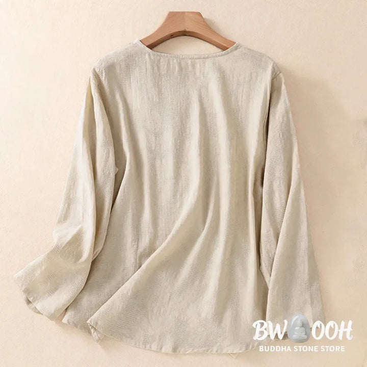 Buddha Stones Jacquard Irregular Hem Pleated Design Women’s Cotton Long Sleeve Shirt - Women’s Shirts
