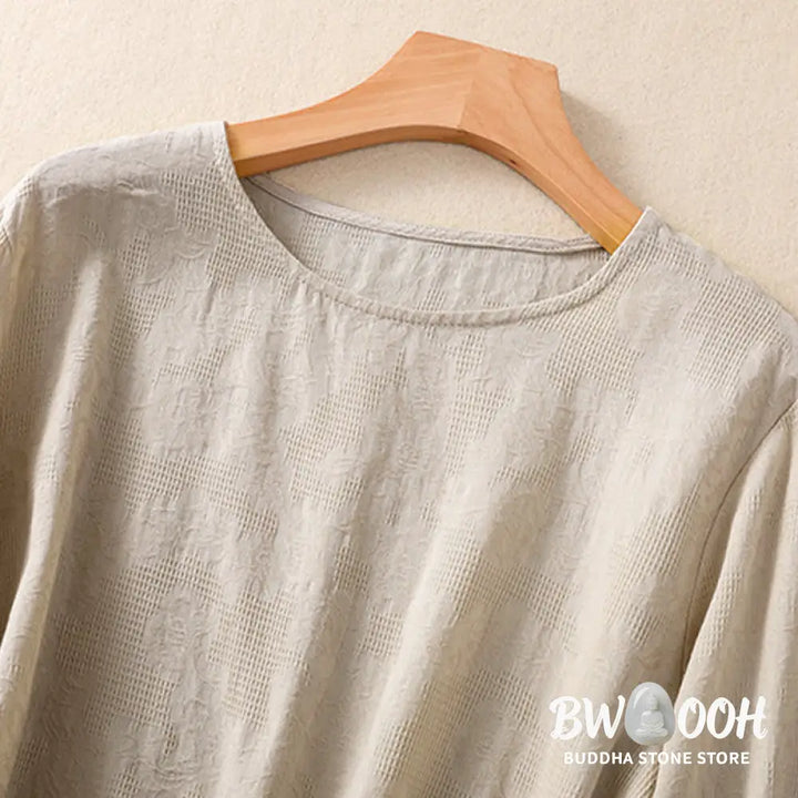 Buddha Stones Jacquard Irregular Hem Pleated Design Women’s Cotton Long Sleeve Shirt - Women’s Shirts