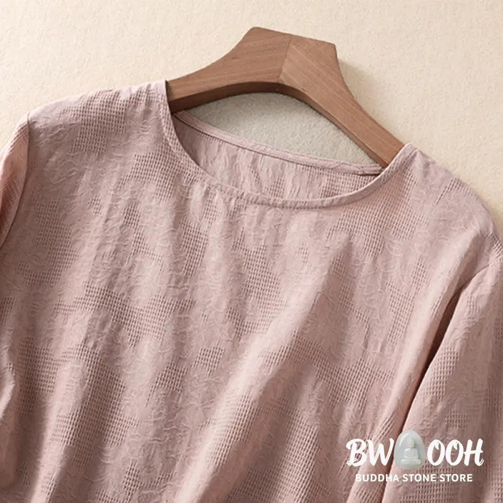 Buddha Stones Jacquard Irregular Hem Pleated Design Women’s Cotton Long Sleeve Shirt - Women’s Shirts