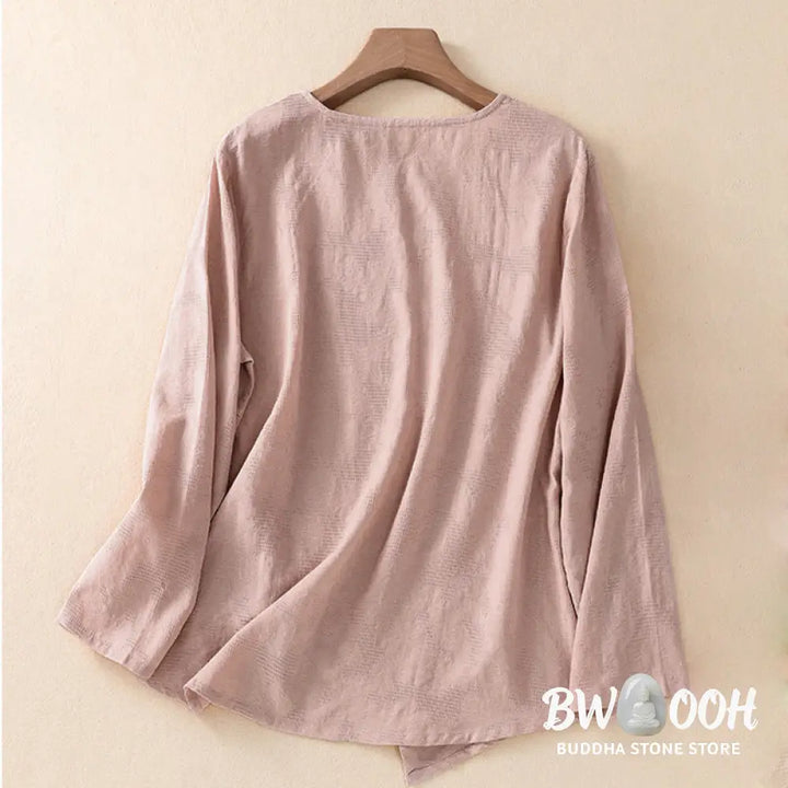 Buddha Stones Jacquard Irregular Hem Pleated Design Women’s Cotton Long Sleeve Shirt - Women’s Shirts