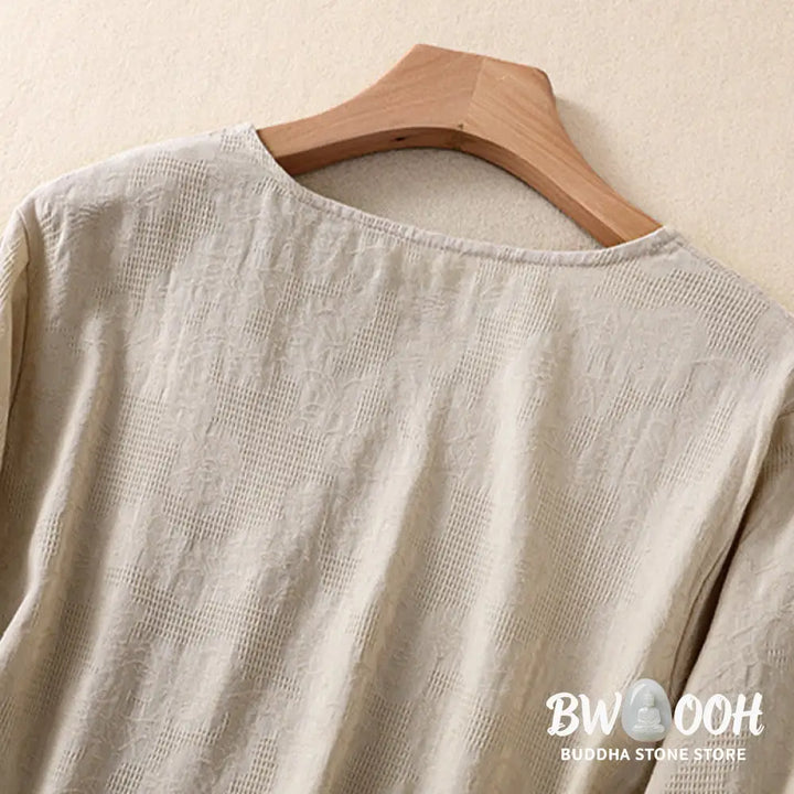 Buddha Stones Jacquard Irregular Hem Pleated Design Women’s Cotton Long Sleeve Shirt - Women’s Shirts