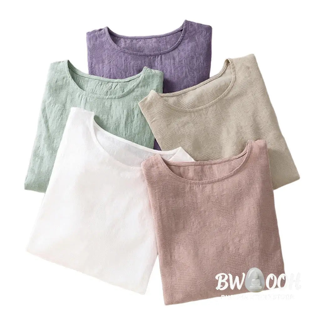 Buddha Stones Jacquard Irregular Hem Pleated Design Women’s Cotton Long Sleeve Shirt - Women’s Shirts