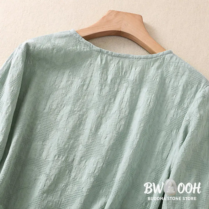 Buddha Stones Jacquard Irregular Hem Pleated Design Women’s Cotton Long Sleeve Shirt - Women’s Shirts