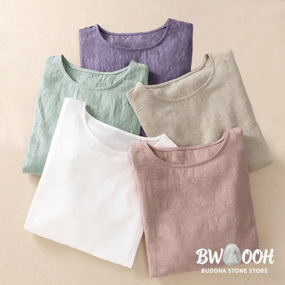 Buddha Stones Jacquard Irregular Hem Pleated Design Women’s Cotton Long Sleeve Shirt - Women’s Shirts