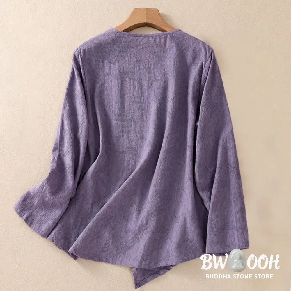 Buddha Stones Jacquard Irregular Hem Pleated Design Women’s Cotton Long Sleeve Shirt - Women’s Shirts