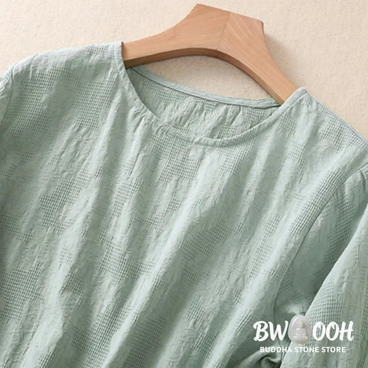 Buddha Stones Jacquard Irregular Hem Pleated Design Women’s Cotton Long Sleeve Shirt - Women’s Shirts