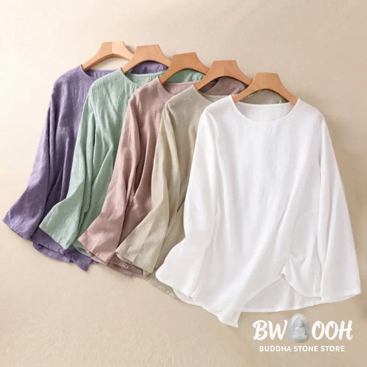 Buddha Stones Jacquard Irregular Hem Pleated Design Women’s Cotton Long Sleeve Shirt - Women’s Shirts