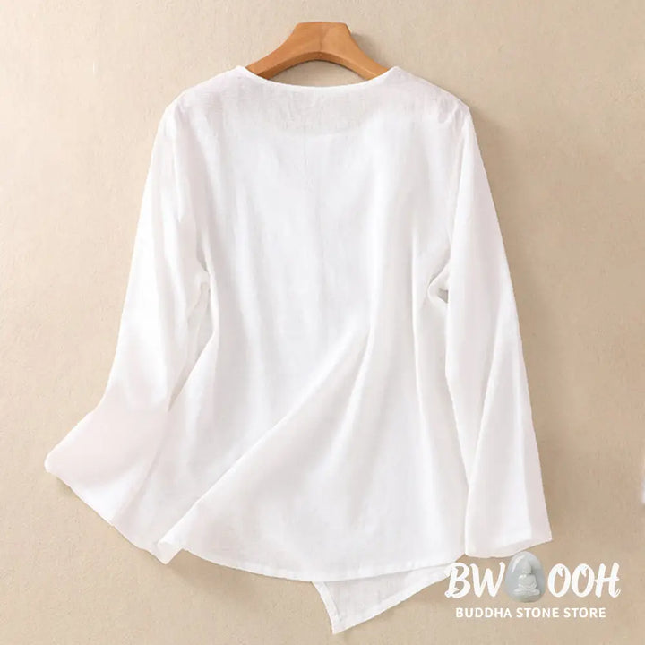 Buddha Stones Jacquard Irregular Hem Pleated Design Women’s Cotton Long Sleeve Shirt - Women’s Shirts