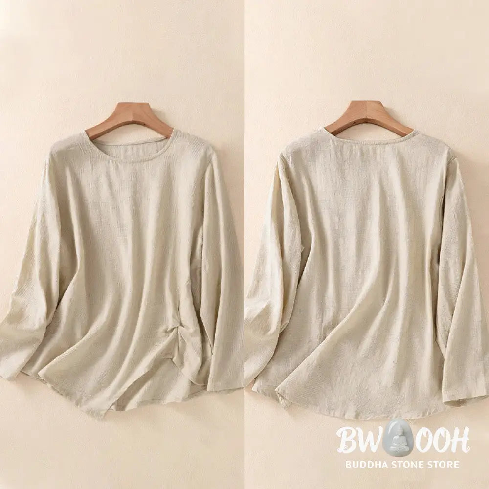 Buddha Stones Jacquard Irregular Hem Pleated Design Women’s Cotton Long Sleeve Shirt - Women’s Shirts