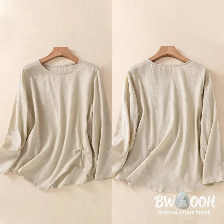 Buddha Stones Jacquard Irregular Hem Pleated Design Women’s Cotton Long Sleeve Shirt - Women’s Shirts