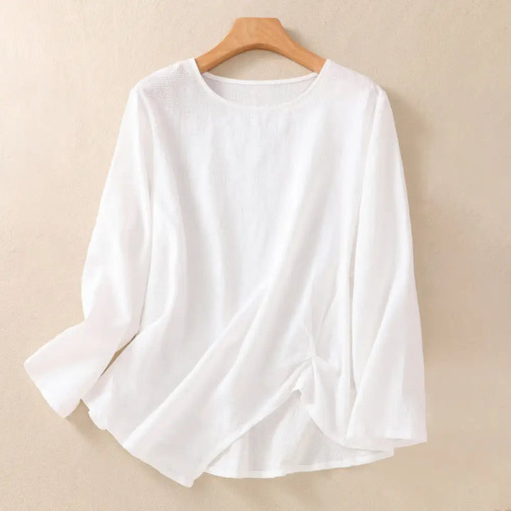 Buddha Stones Jacquard Irregular Hem Pleated Design Women’s Cotton Long Sleeve Shirt - White / US4，UK/AU8，EU36 (L)