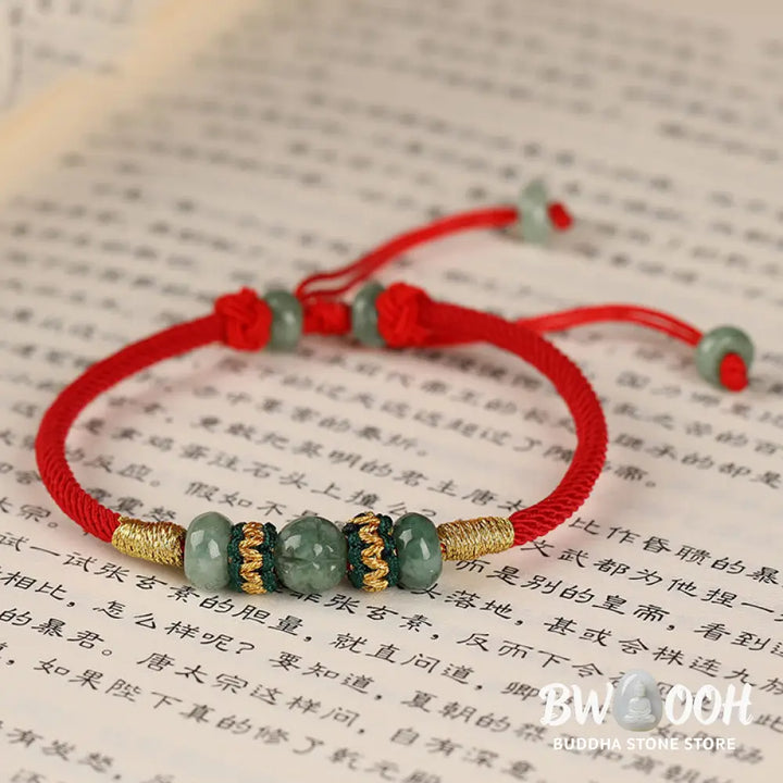 Buddha Stones Jade Abacus Bead Prosperity Red String Rope Bracelet - BWOOOH - Red(Wrist Circumference 14-18cm)
