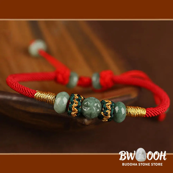 Buddha Stones Jade Abacus Bead Prosperity Red String Rope Bracelet - BWOOOH - Red(Wrist Circumference 14-18cm)