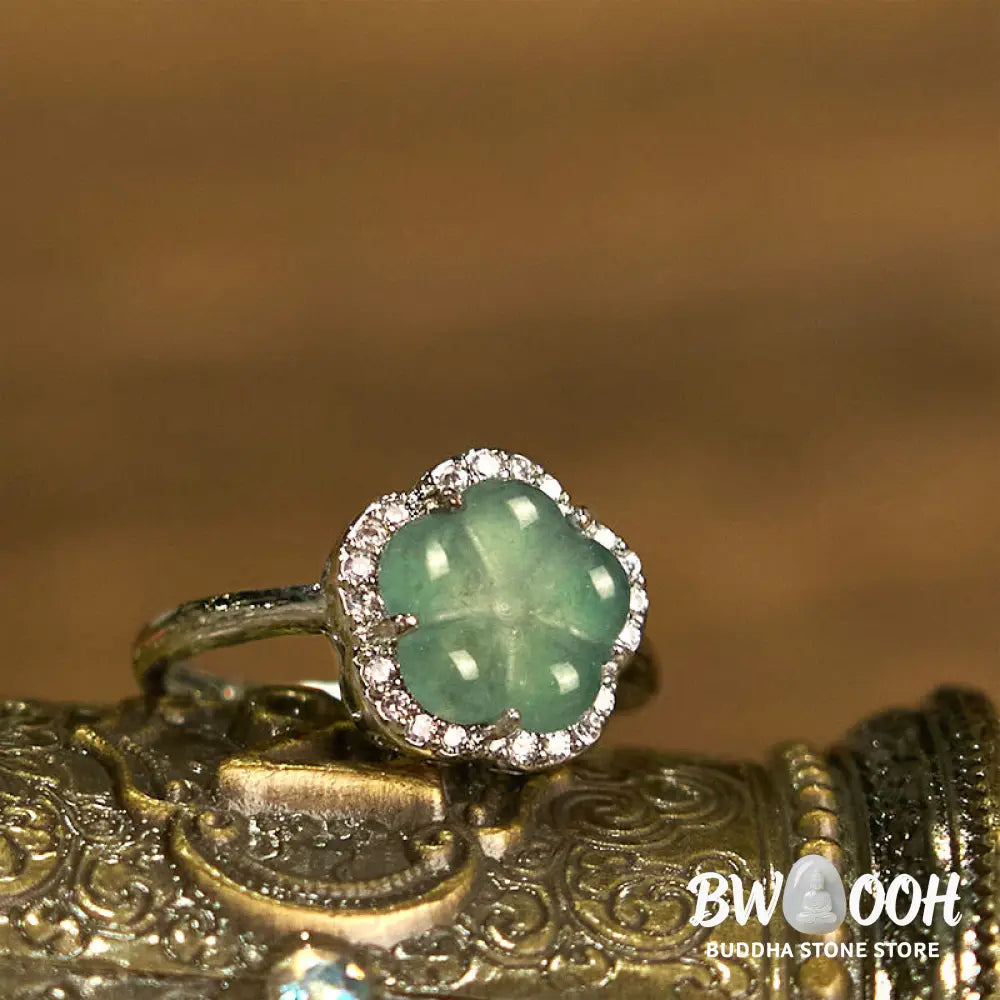Buddha Stones Jade Alloy Flower Ring - Jade - Ring