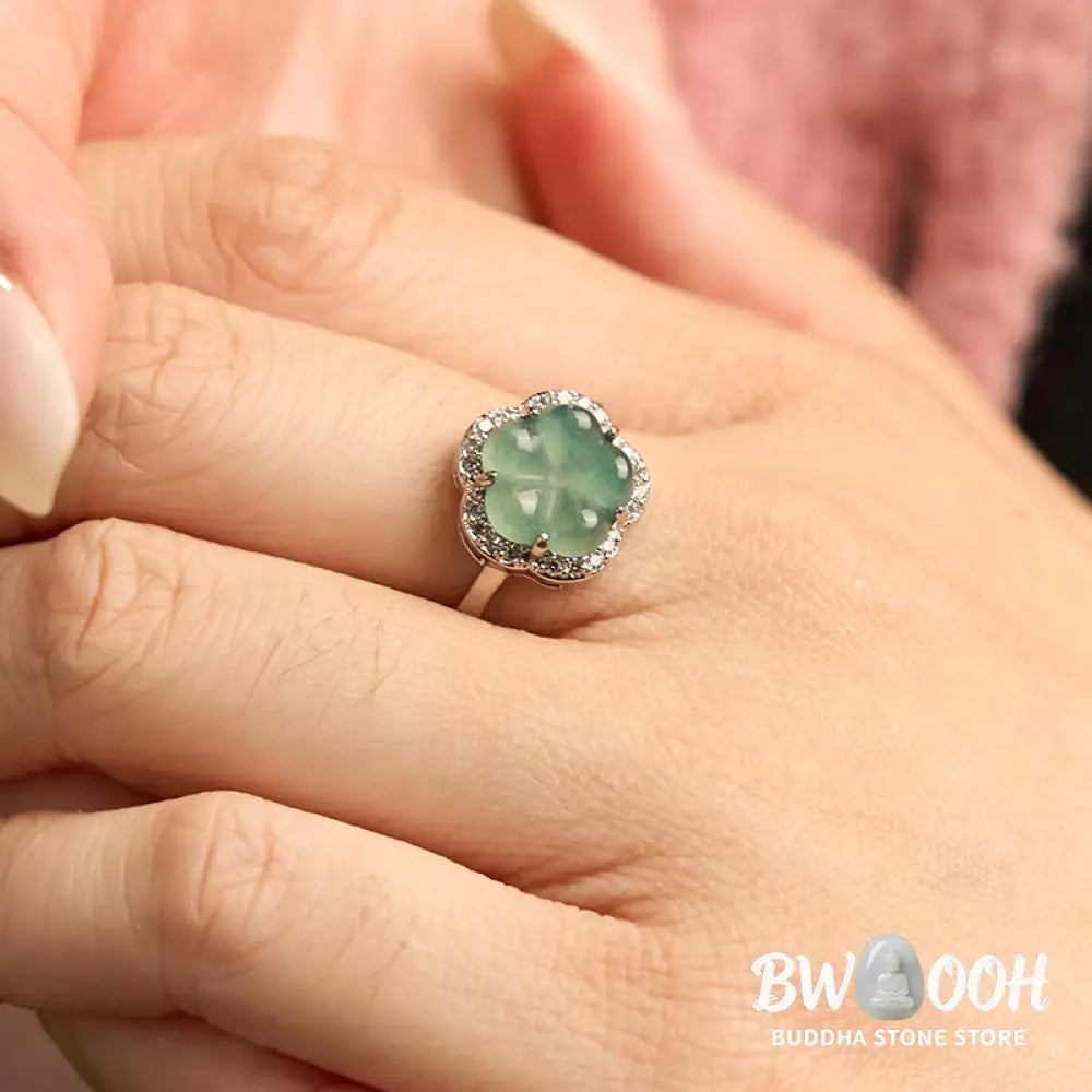 Buddha Stones Jade Alloy Flower Ring - Jade - Ring
