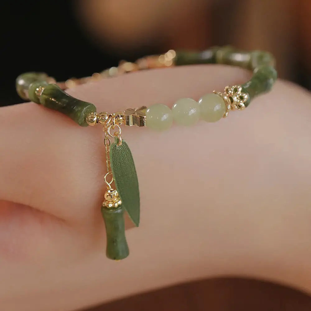 Buddha Stones Jade Bamboo Leaf Lily Of The Valley Pattern Luck Abundance Bracelet - BWOOOH - Green Bamboo Leaf(Wrist