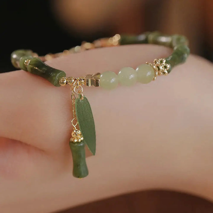 Buddha Stones Jade Bamboo Leaf Lily Of The Valley Pattern Luck Abundance Bracelet - BWOOOH - Green Bamboo Leaf(Wrist