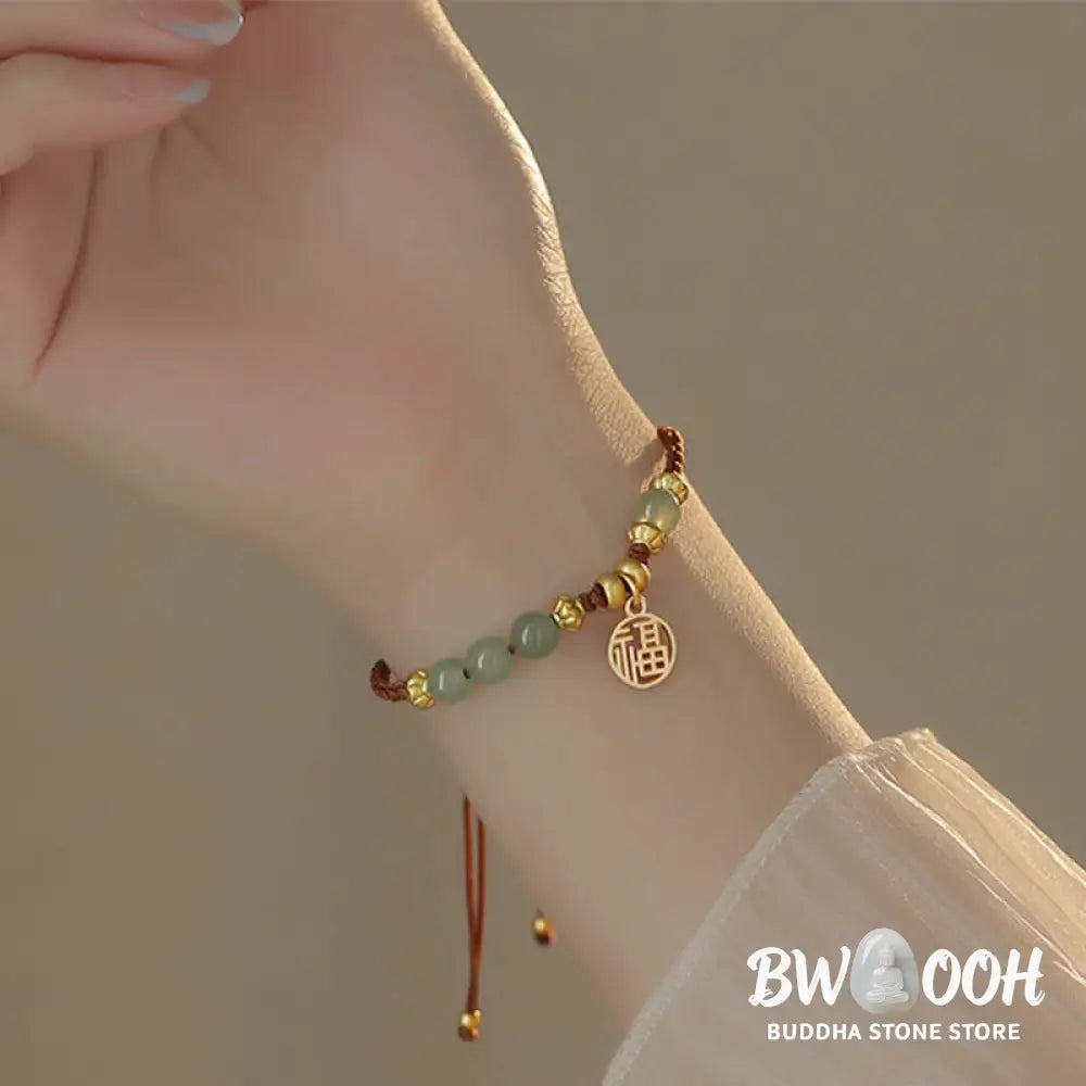 Buddha Stones Jade Beads Fu Character Blessing Rope Bracelet - BWOOOH - Jade&amp;Fu Character(Wrist Circumference 14-18cm)