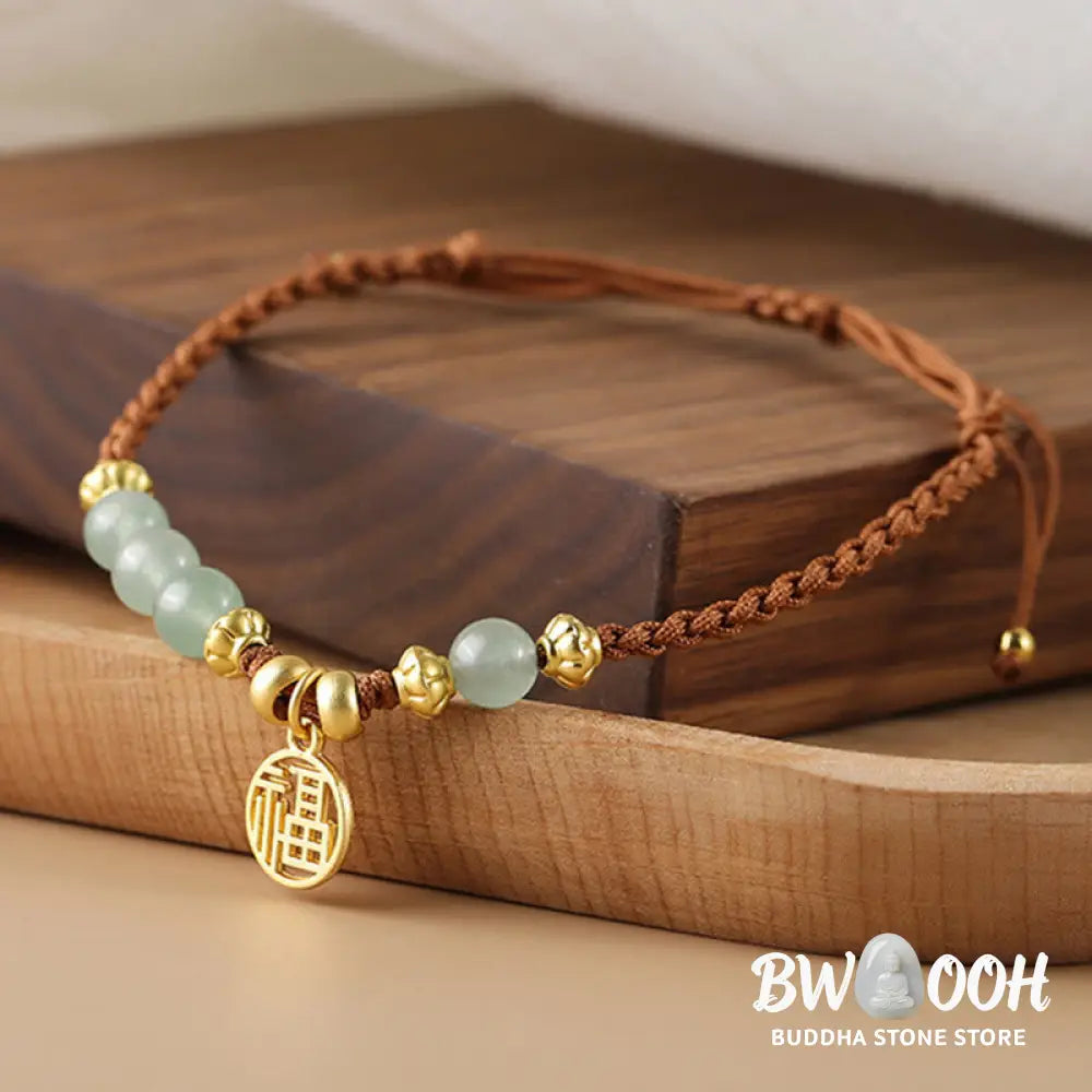 Buddha Stones Jade Beads Fu Character Blessing Rope Bracelet - BWOOOH - Jade&amp;Fu Character(Wrist Circumference 14-18cm)