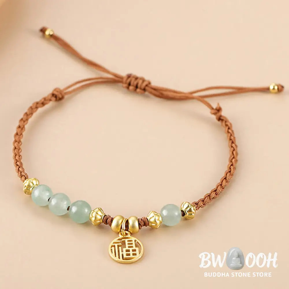 Buddha Stones Jade Beads Fu Character Blessing Rope Bracelet - BWOOOH - Jade&amp;Fu Character(Wrist Circumference 14-18cm)