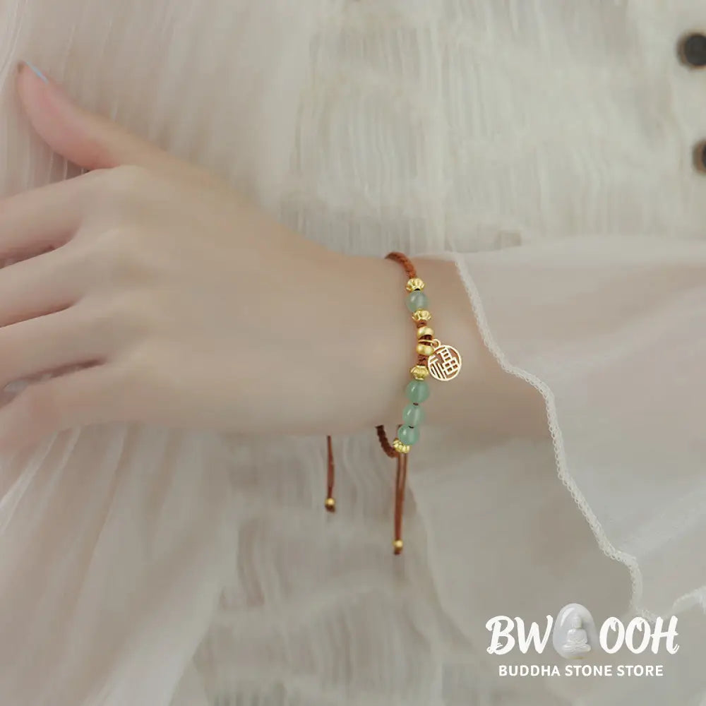 Buddha Stones Jade Beads Fu Character Blessing Rope Bracelet - BWOOOH - Jade&amp;Fu Character(Wrist Circumference 14-18cm)