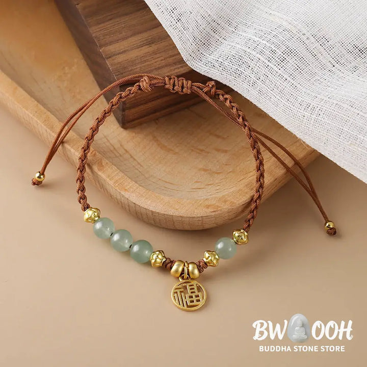 Buddha Stones Jade Beads Fu Character Blessing Rope Bracelet - BWOOOH - Jade&amp;Fu Character(Wrist Circumference 14-18cm)
