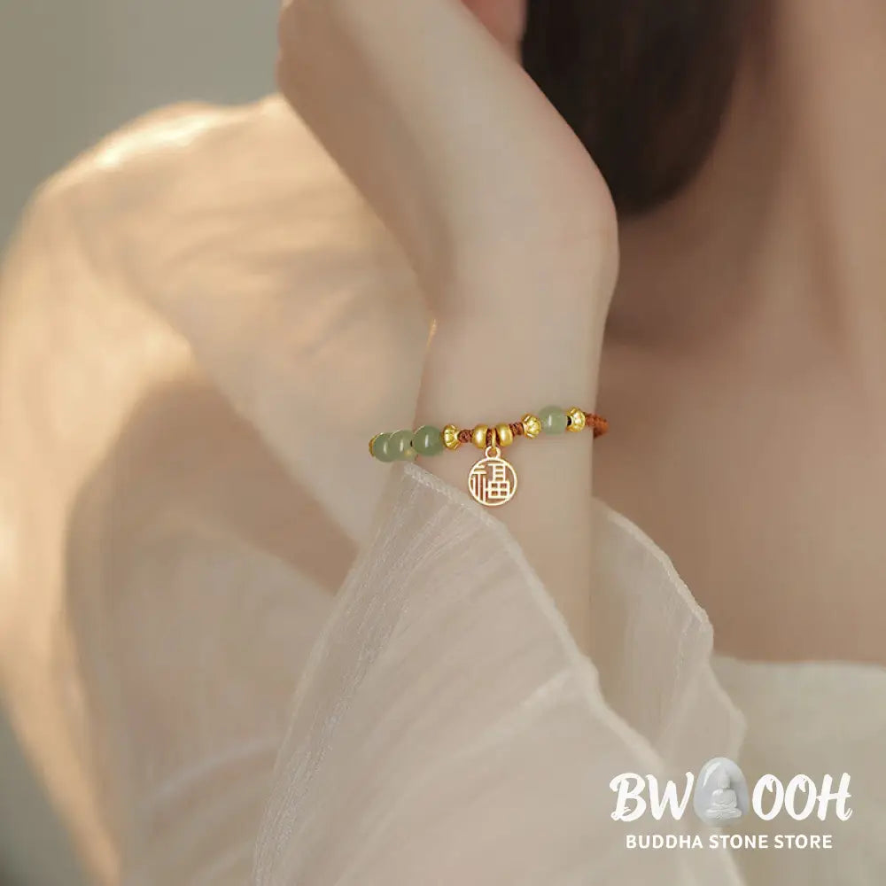 Buddha Stones Jade Beads Fu Character Blessing Rope Bracelet - BWOOOH - Jade&amp;Fu Character(Wrist Circumference 14-18cm)
