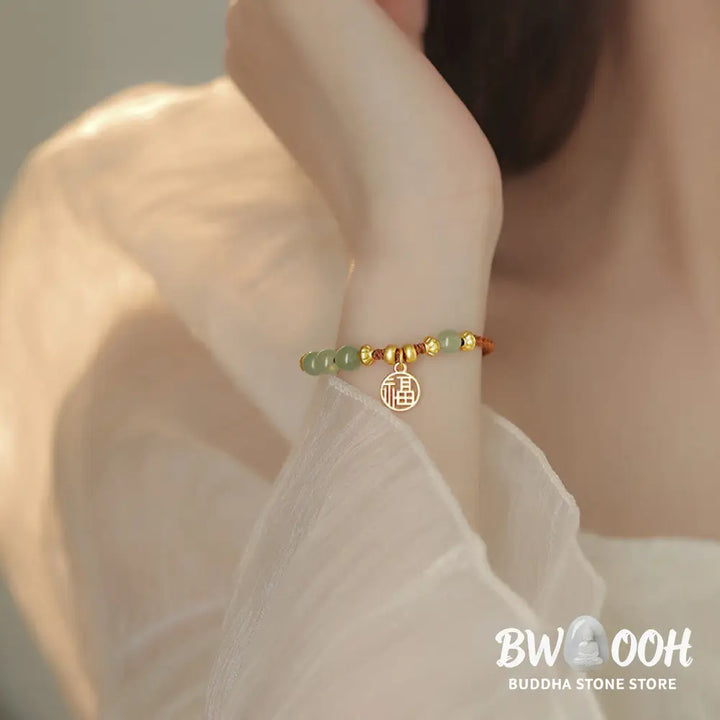 Buddha Stones Jade Beads Fu Character Blessing Rope Bracelet - BWOOOH - Jade&amp;Fu Character(Wrist Circumference 14-18cm)