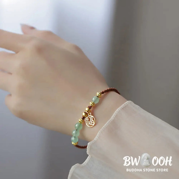 Buddha Stones Jade Beads Fu Character Blessing Rope Bracelet - BWOOOH - Jade&amp;Fu Character(Wrist Circumference 14-18cm)
