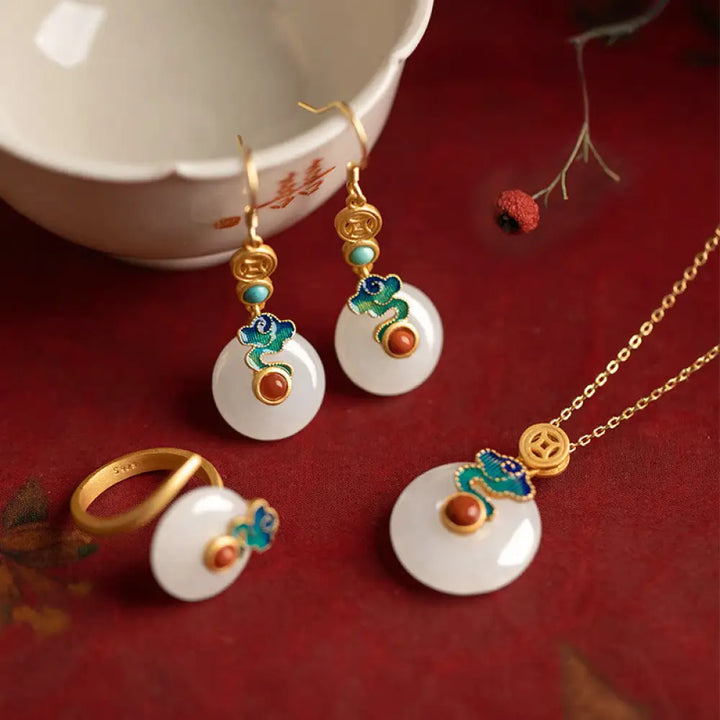 Buddha Stones Jade Copper Coins Auspicious Clouds Prosperity Necklace Pendant Bracelet Ring Earrings - BWOOOH - 4Pcs