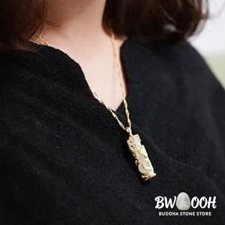 BWOOOH Jade Dragon Phoenix Copper Blessing Harmony Necklace Pendant, showcasing a vivid green jade stone intricately carved with dragon and phoenix symbols, paired with a shimmering copper chain. Spiritual amulet for balance and protection. - View 10