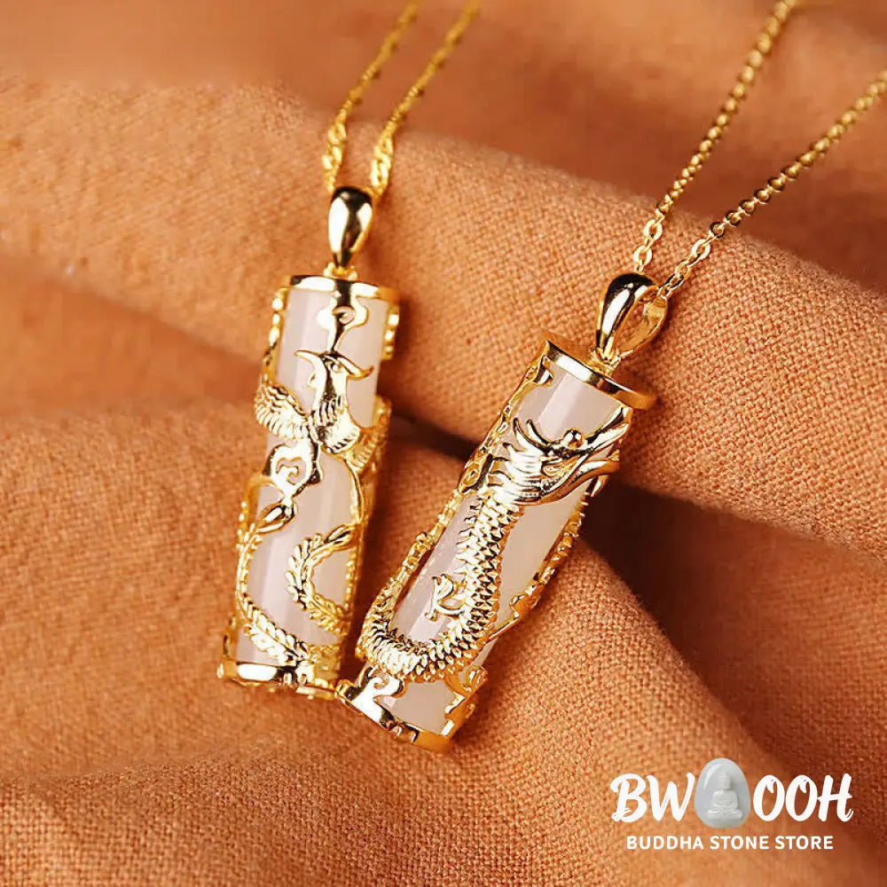 BWOOOH Jade Dragon Phoenix Copper Blessing Harmony Necklace Pendant, showcasing a vivid green jade stone intricately carved with dragon and phoenix symbols, paired with a shimmering copper chain. Spiritual amulet for balance and protection. - View 8