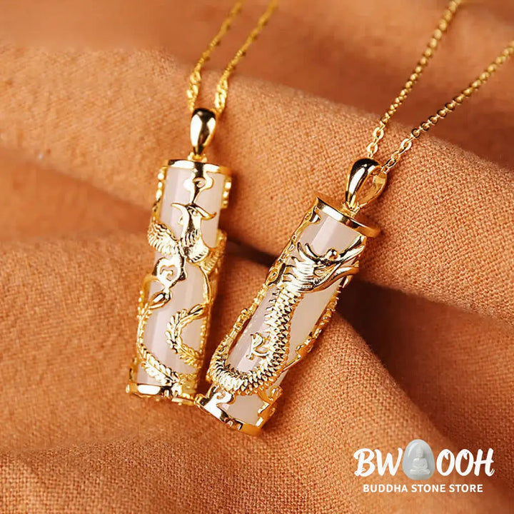 BWOOOH Jade Dragon Phoenix Copper Blessing Harmony Necklace Pendant, showcasing a vivid green jade stone intricately carved with dragon and phoenix symbols, paired with a shimmering copper chain. Spiritual amulet for balance and protection. - View 8