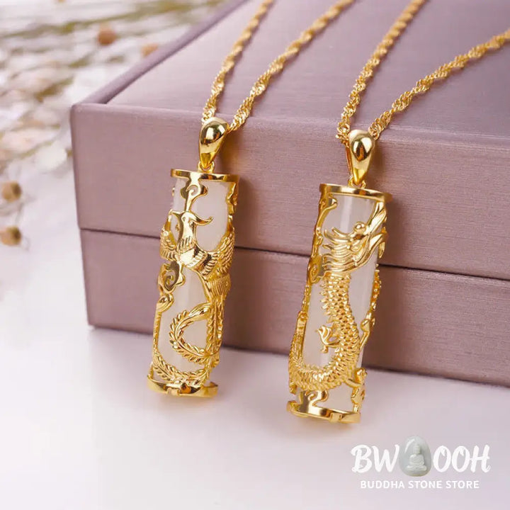 BWOOOH Jade Dragon Phoenix Copper Blessing Harmony Necklace Pendant, showcasing a vivid green jade stone intricately carved with dragon and phoenix symbols, paired with a shimmering copper chain. Spiritual amulet for balance and protection. - View 2