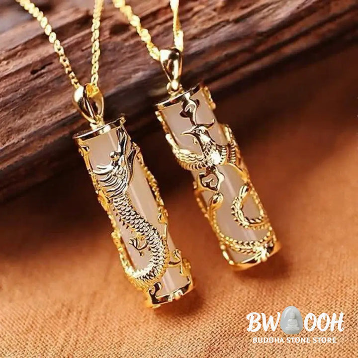 BWOOOH Jade Dragon Phoenix Copper Blessing Harmony Necklace Pendant, showcasing a vivid green jade stone intricately carved with dragon and phoenix symbols, paired with a shimmering copper chain. Spiritual amulet for balance and protection. - View 6