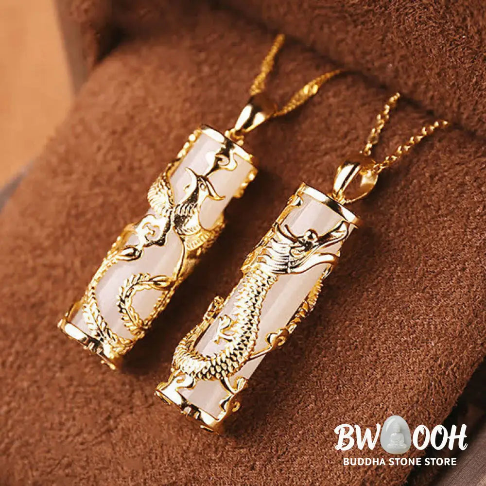 BWOOOH Jade Dragon Phoenix Copper Blessing Harmony Necklace Pendant, showcasing a vivid green jade stone intricately carved with dragon and phoenix symbols, paired with a shimmering copper chain. Spiritual amulet for balance and protection. - View 7